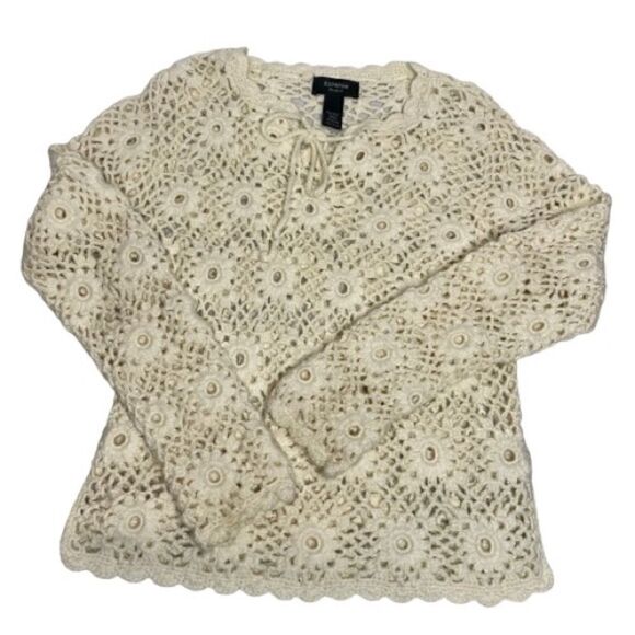 Express cream hand knit formal crochet wool blend sweater size M - Picture 11 of 16